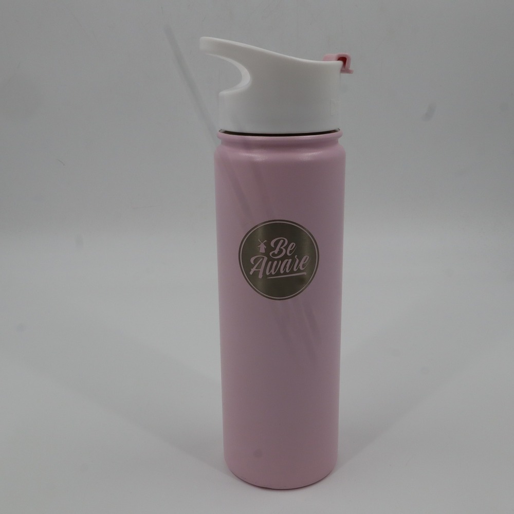 Dutch Bros Be Aware Water Bottle Unisex 20oz Pink‎ Stainless Steel Flip Top Lid